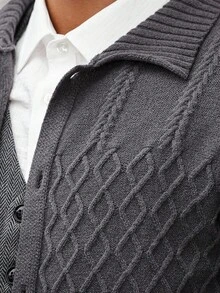 Manfinity Bizformal Men's Gray Patterned Cardigan, Men's Business Cardigan Sweater, Men's Collared Button-Up Cardigan, Autumn And Winter Style , Fall - Grey - View 3