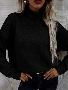 SHEIN LUNE Women's Solid Color High Neck Dropped Shoulder Long Sleeve Loose Casual Pullover Sweater, Autumn/Winter - Black - View 7