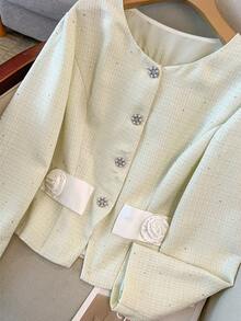 GlowEve CURVE Plus Size Elegant Solid Color Floral Embroidered Round Neck Loose Fit Button-Up Long Sleeve Jacket, Autumn/Winter - Apricot - View 4