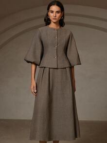 Zanirela 女士人字纹时尚通勤奢华单排扣夹克和优雅 A 字裙套装 - 彩色 - 查看 3