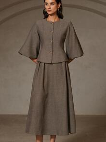 Zanirela 女士人字纹时尚通勤奢华单排扣夹克和优雅 A 字裙套装 - 彩色 - 查看 8