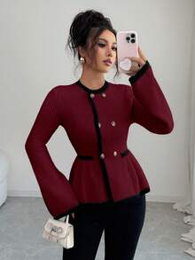 Elenzga Women's Elegant Round Neck Front Button Design Contrast Color Sweater - Burgundy - View 5