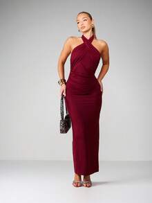 MISSGUIDED Halter Neck Ruched Midaxi Dress Bodycon Evening Party Formal Sleeveless - Burgundy - View 1