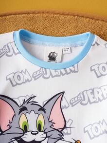 TOM & JERRY X SHEIN 2件套小男孩卡通图案撞色圆领长袖上衣和裤子休闲弹力舒适睡衣套装 - 藍白色 - 查看 4