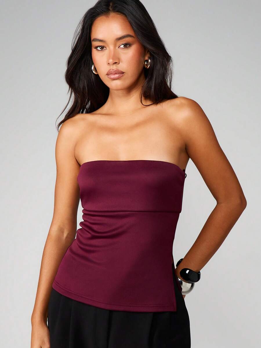 MISSGUIDED Strapless Burgundy Bandeau Top With Fitted Silhouette For Evening Occasions Christmas - Burgundy - View 1