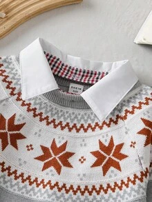 SHEIN Grey Knit Cute Young Boys Pullover Sweater Featuring Geometric Pattern And Collar Detail For Comfortable Wear - Grey - View 3