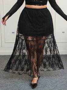 CovetEZ 大码白色蕾丝拼接松紧腰长款优雅 A 字裙，春夏 - 黑色 - 查看 4