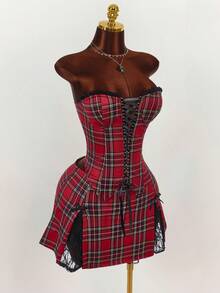 Y2K Amplova Christmas Punk Plaid Vibe Crop Top And Low Waist Mini Skirt Set For Women , Autumn/Winter Thanksgiving And New Year - Multicolor - View 7