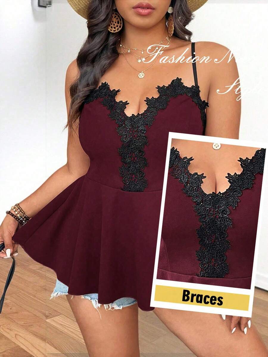 Breezaya Plus Size Textured Ruched A-Line Neck Rose Lace Trim Colorblock Casual Camisole Tank Top, Great For Outing, Holiday, Commuting - Burgundy - View 1