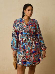 SHEIN VCAY Plus Size Women African Geometric Print Shirt Dress, Tie Waist Short Dress
