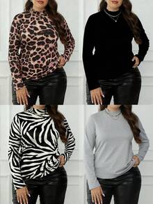 EMERY ROSE 4pcs/Set Plus Size Women Leopard & Zebra Print Knit Fabric High Neck Fitted Casual Basic T-Shirt Set, Autumn/Winter - Multicolor - View 1