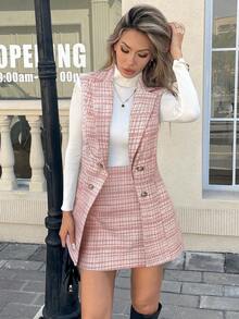 Serisse Bộ 2 món thanh lịch cổ ve kẻ caro kim loại hai hàng khuy không tay và chân váy midi thời trang thu đông cho nữ - Đỏ - Xem 4