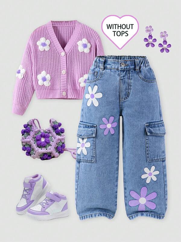 SHEIN 1pc Girls Loose Straight Leg Jeans, Vintage Sweet & Cute Casual School Style, Purple & White Floral Print, Side Pockets Design, Relaxed Fit, Elastic Waist, Button Closure, Versatile Wide Leg Denim Pants For All Year Round