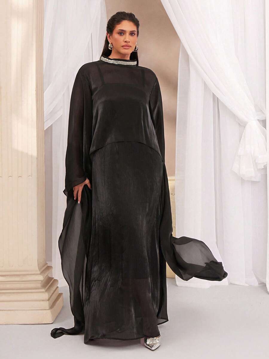 VOLUPTÉ CURVE Plus Size Spring New Elegant Luxurious Dress, Exquisite Black Satin Chiffon Material, High Collar, Jewel Decor, Batwing Sleeve, Loose Silhouette, Flowing Long Dress, Suitable For Party, Banquet - Black - View 1