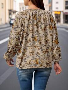 EMERY ROSE Vintage Floral Lace-Up V-Neck Plus Size Women Printed Blouse - Multicolor - View 2