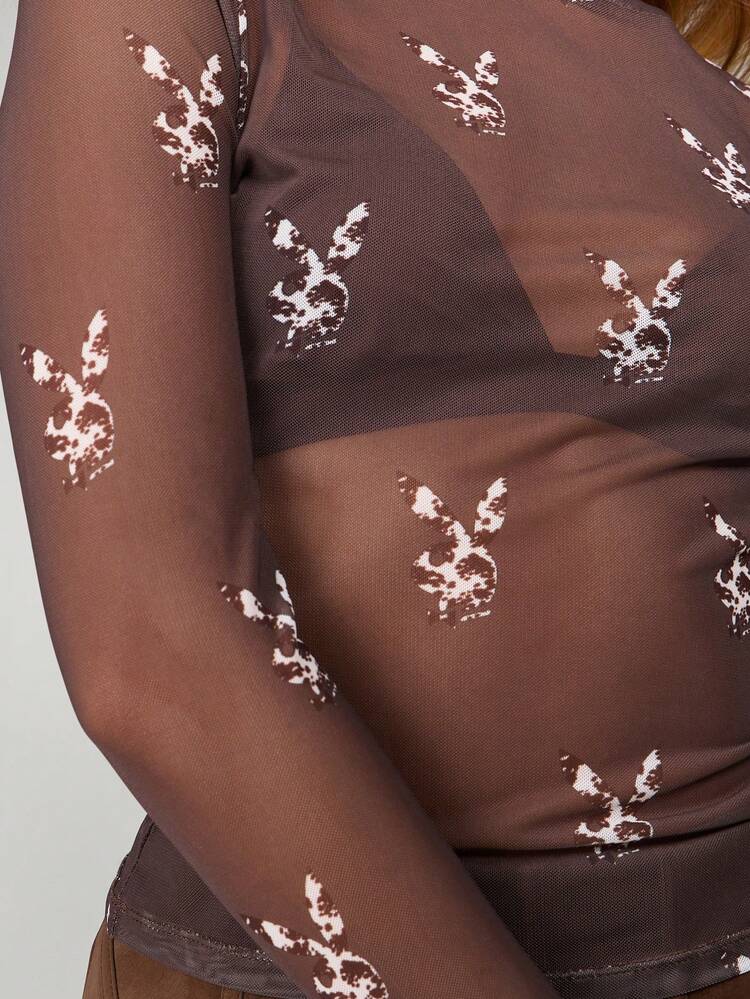 Missguided x Playboy バニーヘッドプリントのメッシュロングスリーブトップス