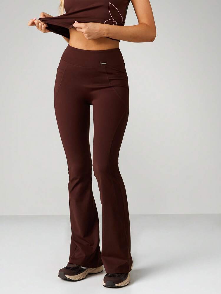 Missguided x Playboy High Waisted Flare Leg Athletic Pants For Women Stretchy Gym Workout Leggings Bell Bottom Sports Trousers