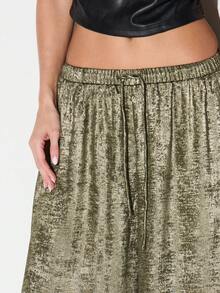 Metallic Wide Leg Palazzo Pants With Drawstring Waist For Festival Party Evening Occasion - Green - View 4