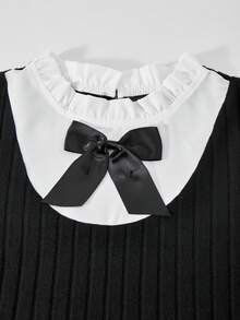 SHEIN ChillGRL 女式荷叶边领泡泡袖拼接休闲迷你连衣裙 - 黑與白 - 查看 7