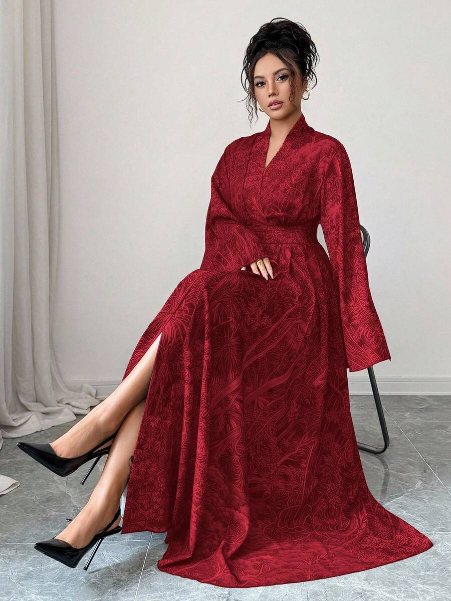 Elenzga Elegant, Vintage-Style Embossed Brocade Robe With Flared Sleeves, Slim-Fitting Waistline, And A Slit Skirt. - Red - View 1