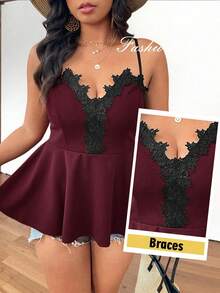 Breezaya Plus Size Textured Ruched A-Line Neck Rose Lace Trim Colorblock Casual Camisole Tank Top, Great For Outing, Holiday, Commuting - Burgundy - View 5