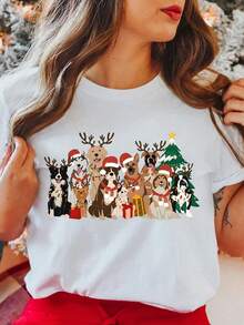 EMERY ROSE Plus Size Christmas Cartoon Dog Print Round Neck Short Sleeve T-Shirt Graphic Tees Women Tops - White - View 1