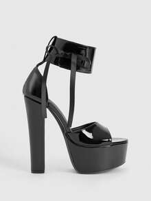 CUCCOO LuxiPop Women's Outdoor Round Toe Thick High Heel Waterproof Platform Shoes, Black PU Glossy Material With Bow Decor, Fashion Minimalist Comfortable For Daily, Party, Banquet, Hook And Loop Sandals - Black - View 4
