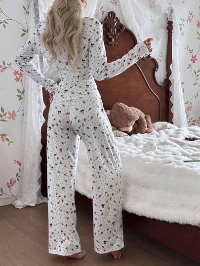 Ditsy Print Long Sleeve Top Pants Women Pajama Set, Clothes Sleep Wear Piece Set Lounge Pyjama Two view 2