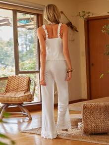 Lullawish Elegant Boho Style White Rib Knit Pajama Set With Ruffle Hem And Pant Design Cami Pajama Set Ruffle Pajama Set - White - View 2