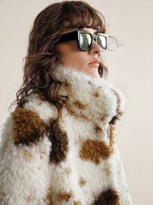 Ontre 2025 Women's Khaki Faux Fur Cow Print Oversized Long Sleeve Lapel Collar Jacket,Brown And White Polka Dot,Winter,Elegant,Date,Old Money Style Coat - Khaki - View 7