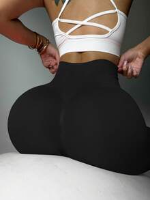 Slayform 2 chiếc quần legging thể thao cạp cao liền mạch màu trơn cho nữ - màu đen - Xem 6