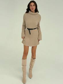 Aloruh Vestido Curto Tricotado Minimalista e Elegante com Gola Alta, Manga Longa, Recortes e Costelas para Mulheres, Outono/Inverno - Damasco - Visão 4
