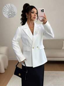 Rafferiza Women's Elegant Rhinestone Embellished Double-Breasted Long Sleeve Blazer - White - View 3