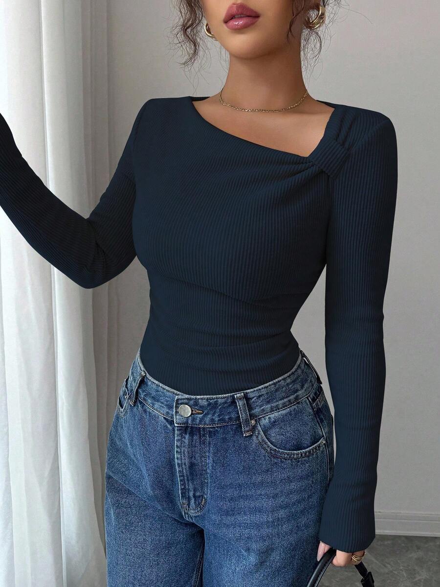 Selianne Áo thun dài tay xếp ly cổ chéo, màu trơn, dáng ôm, thiết kế đơn giản, thời trang thu đông mới - Màu xanh hải quân - Xem 1