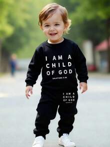 幼儿男童休闲时尚创意简约清爽口号图案印花连帽衫和运动裤套装，适合秋冬季 - 黑色 - 查看 3