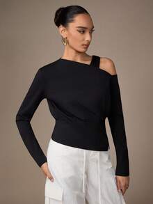 NOVVYNE Áo cánh dài tay xẻ tà cổ bất đối xứng màu trơn dành cho nữ - màu đen - Xem 4