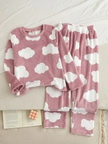 2 件套女童秋冬法兰绒抓绒云朵印花休闲宽松长袖上衣和裤子家居服套装 - 粉色 - 查看 4