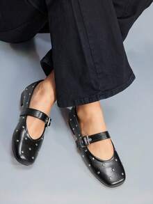 CUCCOO GRLICON Nuevos zapatos Mary Jane planos con remaches de perlas superficiales, mocasines versátiles para mujeres - Negro - Ver 3