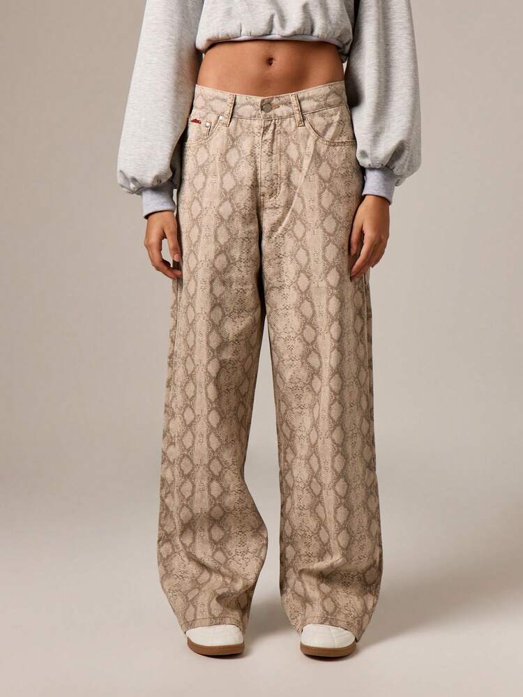 ワイドレッグ スネークプリント ハイウエスト ジーンズ