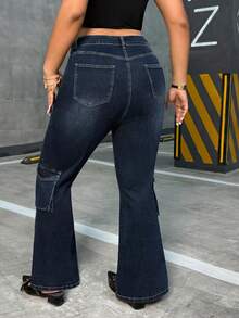 Jeanoix 大码时尚口袋设计水洗喇叭裤 - 深色水洗藍 - 查看 2