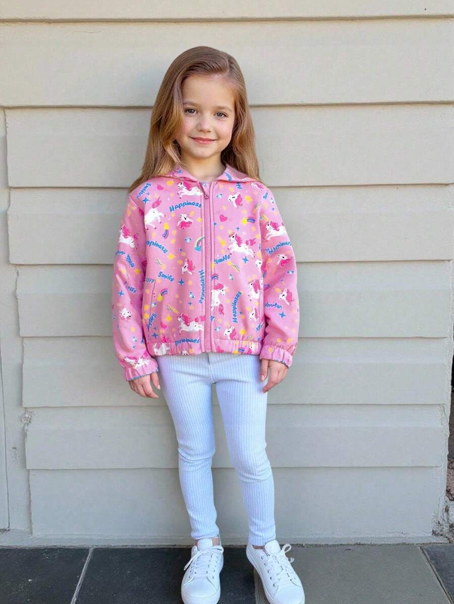 Elladie kids 1pc Young Girl Hooded Zip Up Cute Unicorn Print Lined Fleece Jacket Girls School Wear Pink Jacket Fall Winter - Pink - View 1