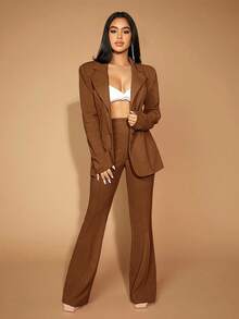 SHEIN SXY Plus Size Women Business Casual Solid Color Suede Blazer Jacket And Flared Suit Pants Set In Fall/Winter - Brown - View 7