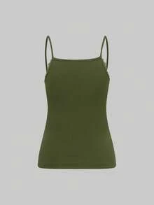 Chiquease Áo hai dây nhung lụa viền ren cho nữ, Thu/Đông - Màu xanh Ô liu - Xem 2