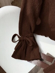 Comfortcana 棕色针织袖口系带宽松套头衫，秋冬新品 - 棕色 - 查看 3