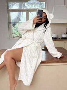 SHEIN Plus Size Cozy Jacquard Animal Ear Hooded Open Front Fluffy Robe, Autumn/Winter - Beige - View 4