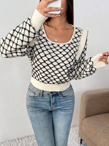 Chiquease Jersey de punto de red francesa regular para mujer - Blanco y Negro - Ver 5