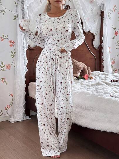 Ditsy Print Long Sleeve Top Pants Women Pajama Set, Clothes Sleep Wear Piece Set Lounge Pyjama Two view 4