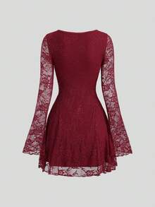 Sweetra Y2K Sexy Square Neck Pleated Flare Sleeve Versatile Commuter Dress, Christmas - Burgundy - View 2