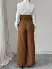 Elenzga 高腰系带褶饰宽松阔腿裤，英伦风 - 棕色 - 查看 2