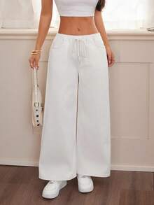 SHEIN PETITE 女士抽绳腰口袋阔腿宽松休闲牛仔裤四季洗白舒适休闲直筒牛仔裤 - 黑與白 - 查看 6